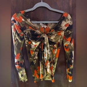 Women’s Fuzzi size S Twist-Front Long Sleeve Tunic in Orange & Olive Floral
